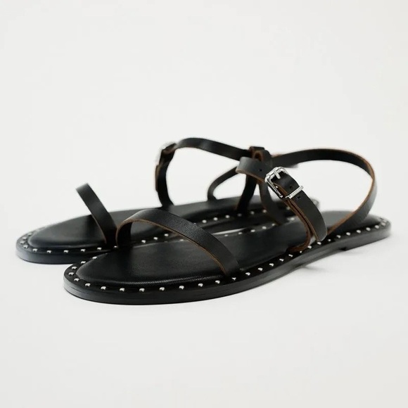 Zara Black Double Strap Studded Flat Leather Sandals Size 37 (6.5) Comfy New - Picture 1 of 8